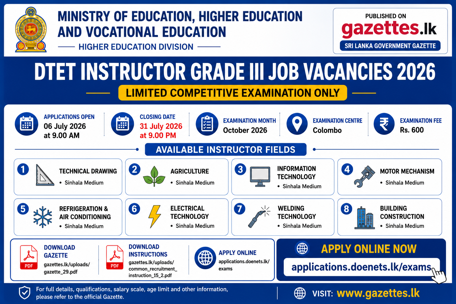 DTET Instructor Grade III (Limited Exam) Job Vacancies 2026