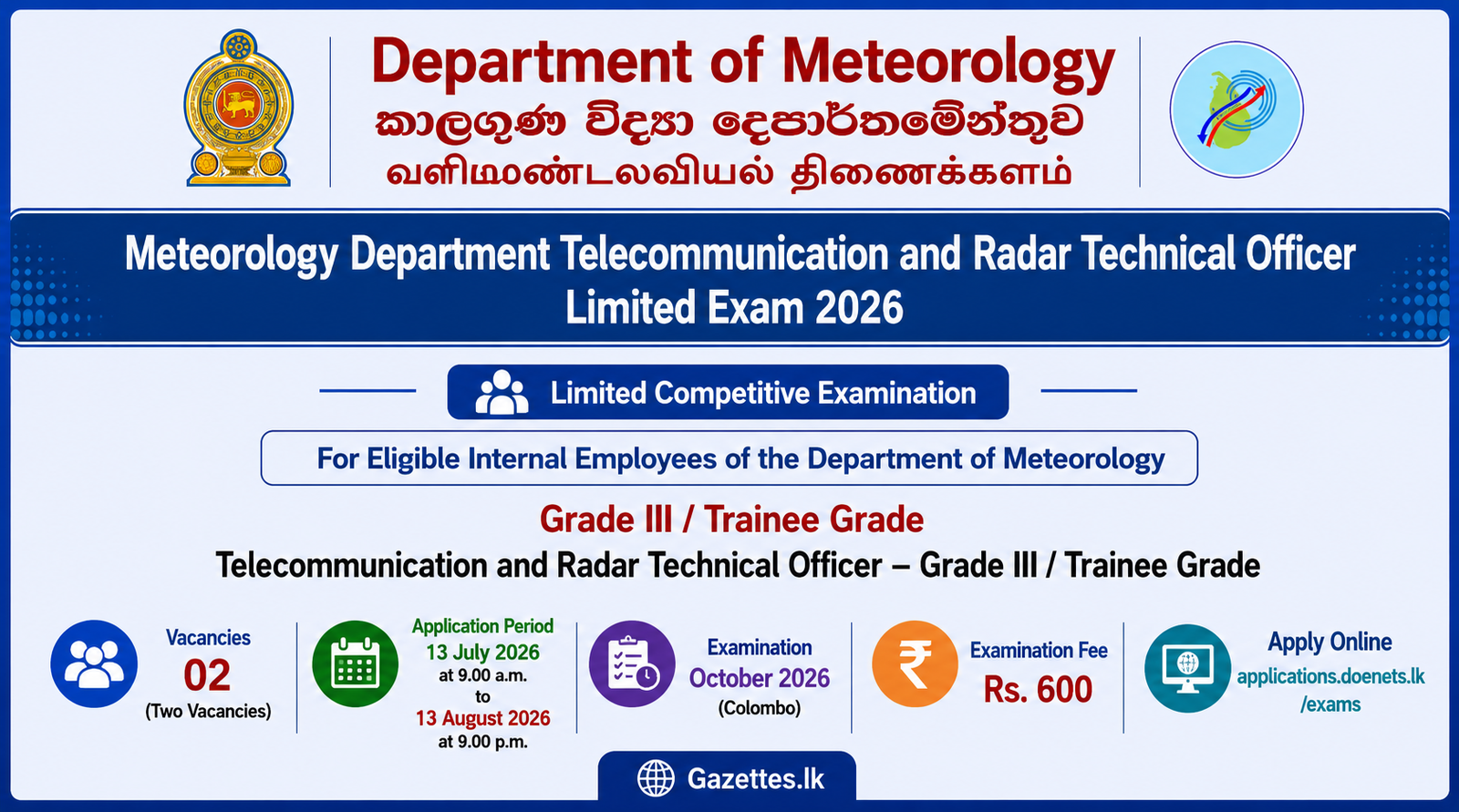 Meteorology Department Telecommunication and Radar Technical Officer (Limited Exam) Job Vacancies 2026